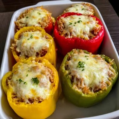 Recette de Poivrons Farcis au Thon, Riz et Fromage Gratiné